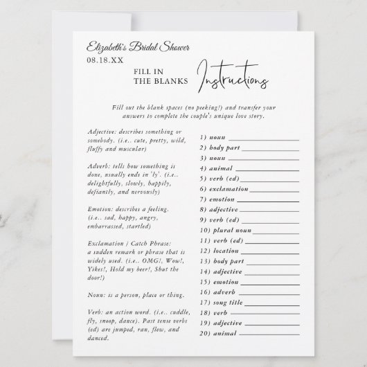 空欄にラブストーリーを埋める |ブライダルシャワー カード (裏面)