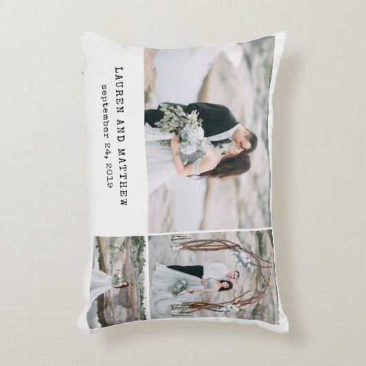 空気のような結婚式3つの写真のコラージュおよび灰色のストライプ アクセントクッション (正面(垂直))