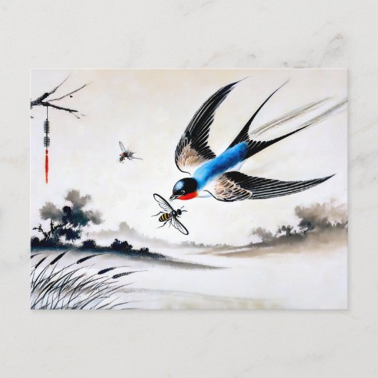 . .空気中で昆虫を捕まえるツバメ中国の ポストカード (正面)
