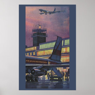 空港で飛行機に乗る往年のビジネスマンと乗客 ポスター
