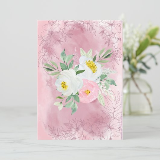 空白のかわいらしピンクと白の水色の花 案内状 (スタンド正面)