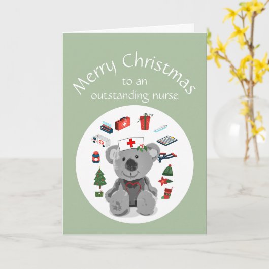 空白のクリスマスおやすみナースかわいいテディベア カード (黄色い花)