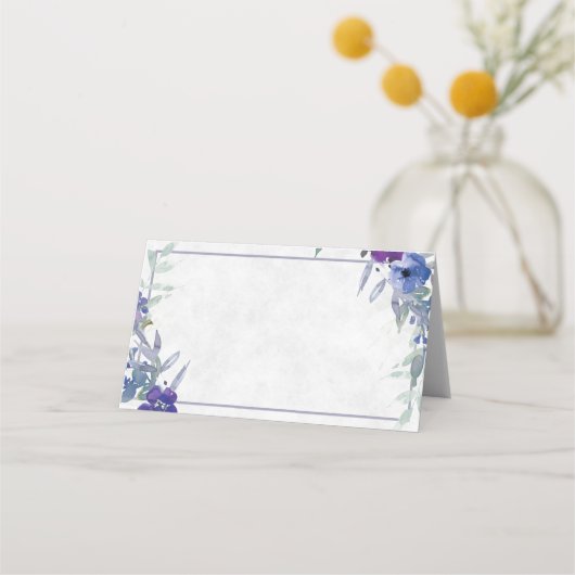 空白の予算は紫と青のフローラ結婚 プレイスカード (裏面)