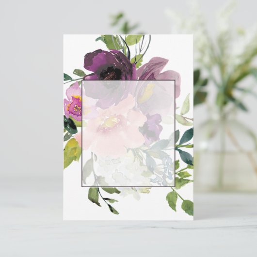 空白の予算 ピンクとパープルの花の結婚式 招待状 (スタンド正面)