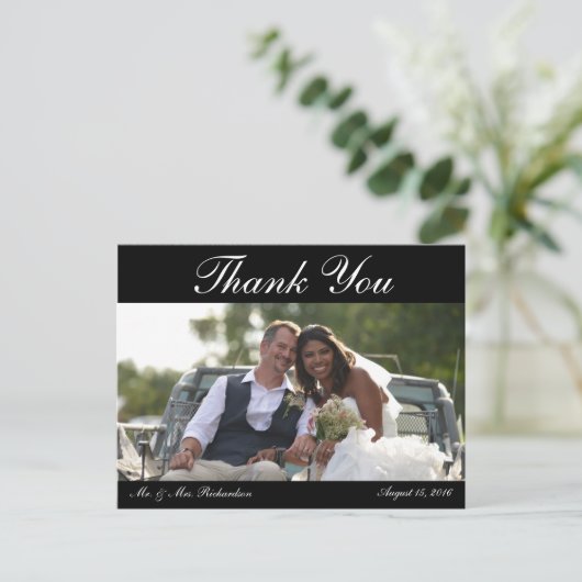 -空白の水平B&Wカスタムウェディング写真ありがとう ポストカード (スタンド正面)