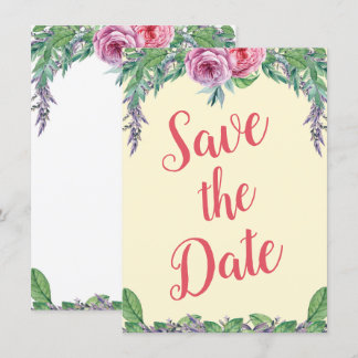 空白 パープル フローラル 水彩 Save the Date 代替 招待状