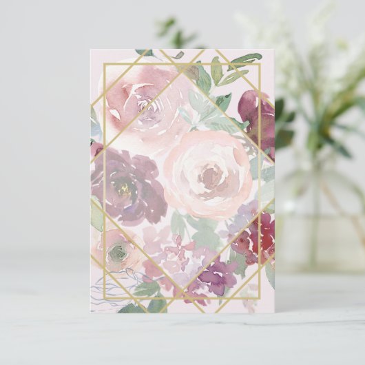 空白 ピンクの花とゴールドの幾何学模様のウェディング 招待状 (スタンド正面)