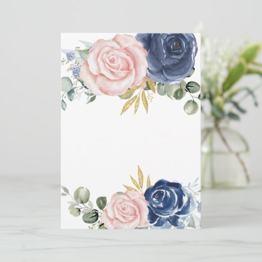 空白・自由にテキストを入力 ネイビーブルーとピンクの優雅な花 招待状 (スタンド正面)