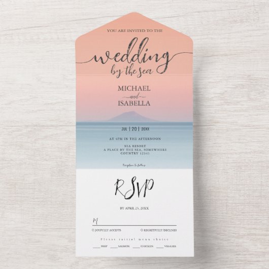 空結婚の夕日の下の海の向こうにある オールインワン招待状 (内側)