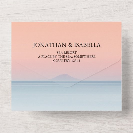 空結婚の夕日の下の海の向こうにある オールインワン招待状 (裏面)