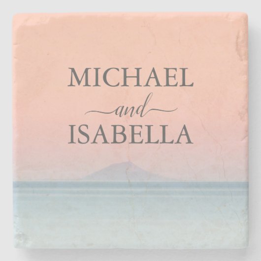 空結婚の夕日の下の海の向こうにある ストーンコースター (正面)