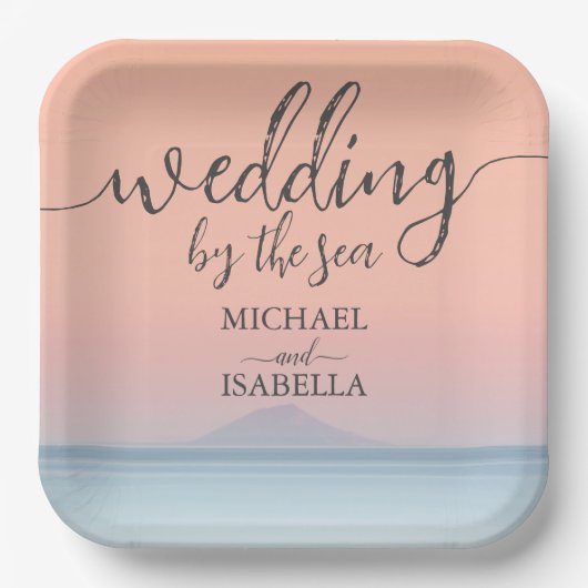 空結婚の夕日の下の海の向こうにある ペーパープレート (正面)