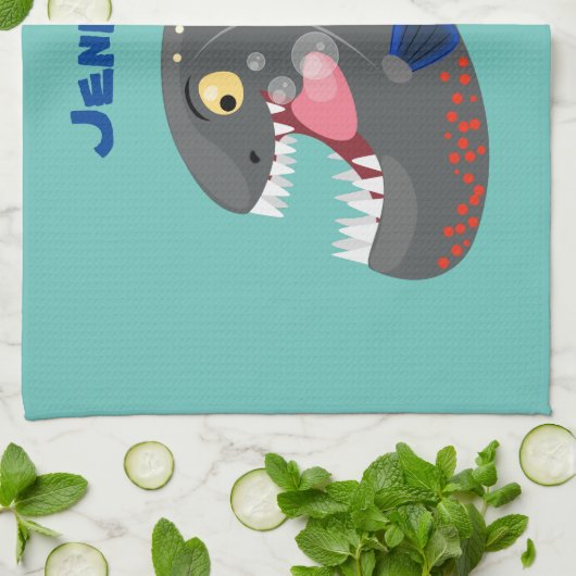 空腹のおもしろいピラニア漫画イラストレーション キッチンタオル (折り畳み)