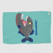 空腹のおもしろいピラニア漫画イラストレーション ゴルフタオル (横)
