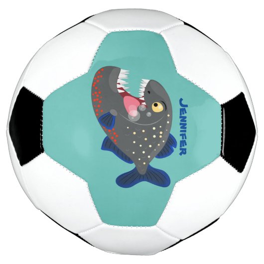 空腹のおもしろいピラニア漫画イラストレーション サッカーボール (回転)