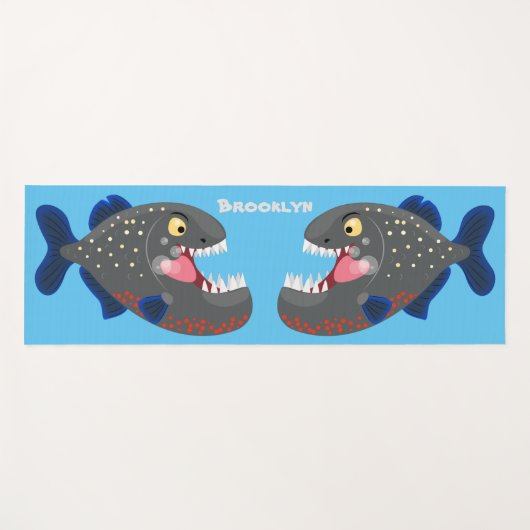 空腹のおもしろいピラニア漫画イラストレーション ヨガマット (正面(横))