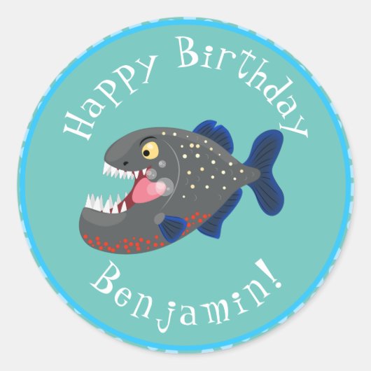 空腹のおもしろいピラニア漫画イラストレーション ラウンドシール (正面)