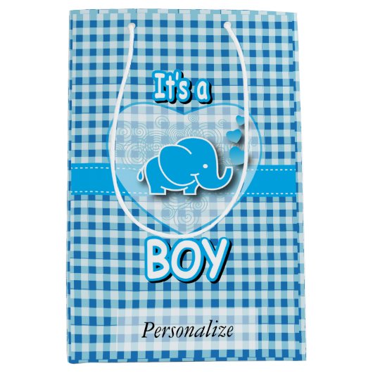 空色および白の格子縞のベビー象 ミディアムペーパーバッグ (正面)