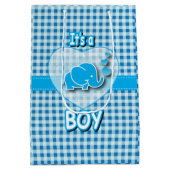 空色および白の格子縞のベビー象 ミディアムペーパーバッグ (裏面)