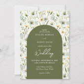 空色のオリーブグリーンと白い野生の花をアーチ 招待状 (正面)