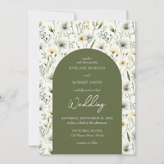空色のオリーブグリーンと白い野生の花をアーチ 招待状 (正面)