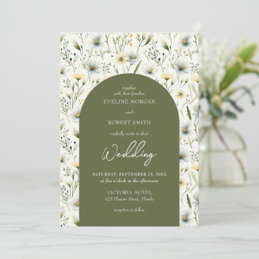 空色のオリーブグリーンと白い野生の花をアーチ 招待状 (スタンド正面)