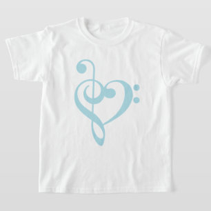 空色のト音記号及びヘ音記号のハート Tシャツ