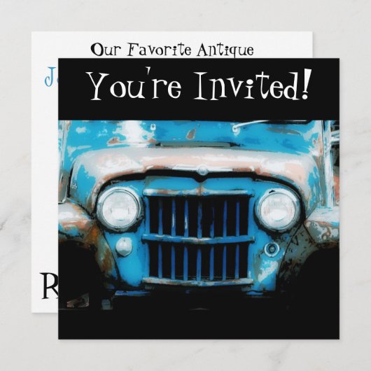 空色のヴィンテージの車招待されました! 招待状 (正面/裏面)