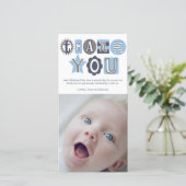 空色の男の子のタイポグラフィの写真カードありがとう サンキューカード (スタンド正面)