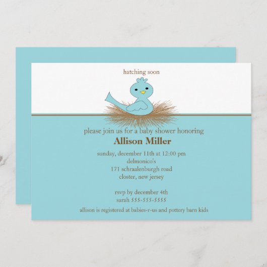 空色の鳥の巣の男の子のベビーシャワーの招待状 招待状 (正面/裏面)