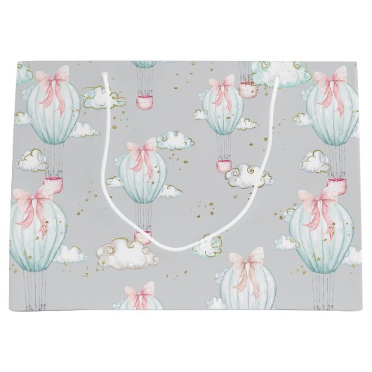 空色及びピンクの熱気の気球 ラージペーパーバッグ (正面)