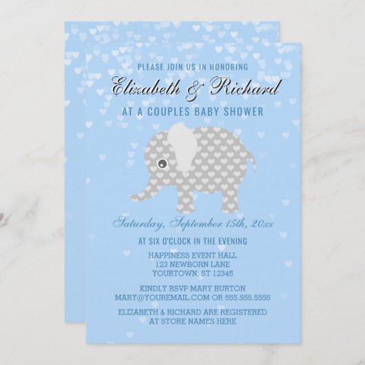 空色灰色象のハートのカップルのベビーシャワー 招待状 (正面/裏面)