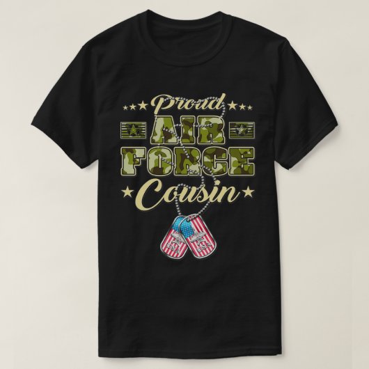 空軍誇りを持った従兄弟迷彩柄米国国旗の犬タグミリット Tシャツ (デザイン正面)