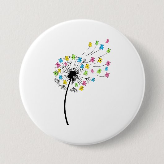 空飛ぶかわいいクマのタンポポの花 缶バッジ (正面)