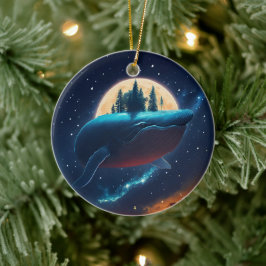 空飛ぶコブハククジラの月夜の海と星空の森 セラミックオーナメント