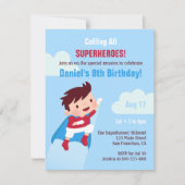 空飛ぶスーパーヒーローの少年 キッズ 誕生日パーティー 招待状 (正面)