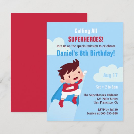 空飛ぶスーパーヒーローの少年 キッズ 誕生日パーティー 招待状 (正面/裏面)