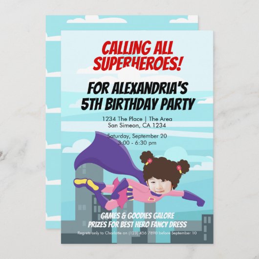 空飛ぶスーパーヒーロー コミック バースデー パーティー（女） 招待状 (正面/裏面)