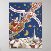 空飛ぶトナカイとビンテージのクリスマスサンタクロース ポスター (正面)