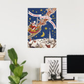 空飛ぶトナカイとビンテージのクリスマスサンタクロース ポスター (ホームオフィス)