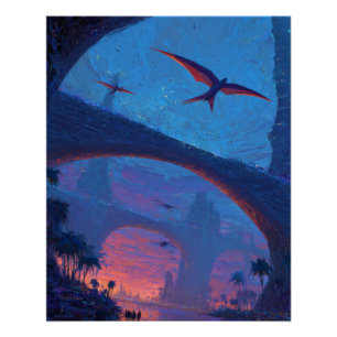 空飛ぶドラゴンの夕焼け橋 ファンタジーアート ポスター