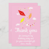 空飛ぶピンクの女の子の誕生日 サンキューカード (正面/裏面)
