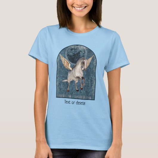 空飛ぶペガサス 青い月 ファンタジー 馬 アート Tシャツ (正面)