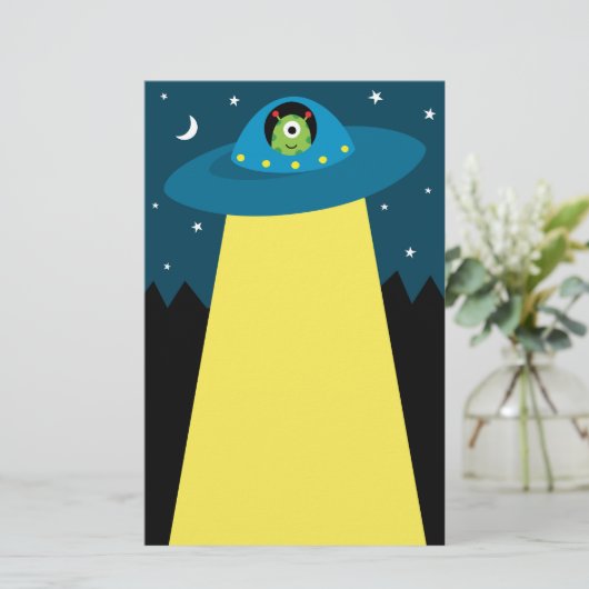 空飛ぶ円盤の宇宙船の子供のかわいいエイリアン 便箋 (スタンド正面)