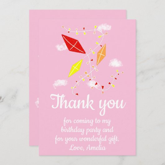 空飛ぶ凧 ピンクの女の子 誕生日 サンキューカード (正面/裏面)