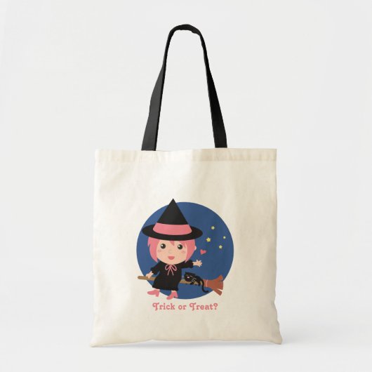 空飛ぶ箒の可愛い魔女と黒猫 トートバッグ (正面)