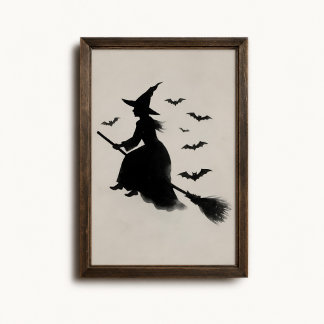 空飛ぶ魔女とコウモリの箒ハロウィンポスター ポスター