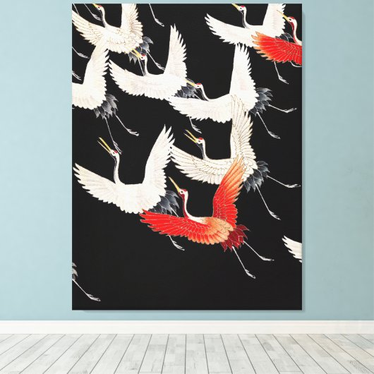 空飛ぶ鶴:日本の鳥の着物アート キャンバスプリント (インサイチュ (ウッドフロア))