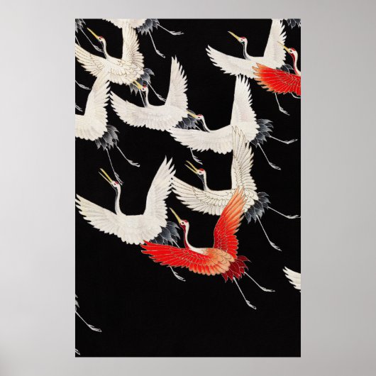 空飛ぶ鶴:日本の鳥の着物アート ポスター (正面)