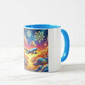 空飛んでいるを通るカラフル飛行機 マグカップ (正面右)